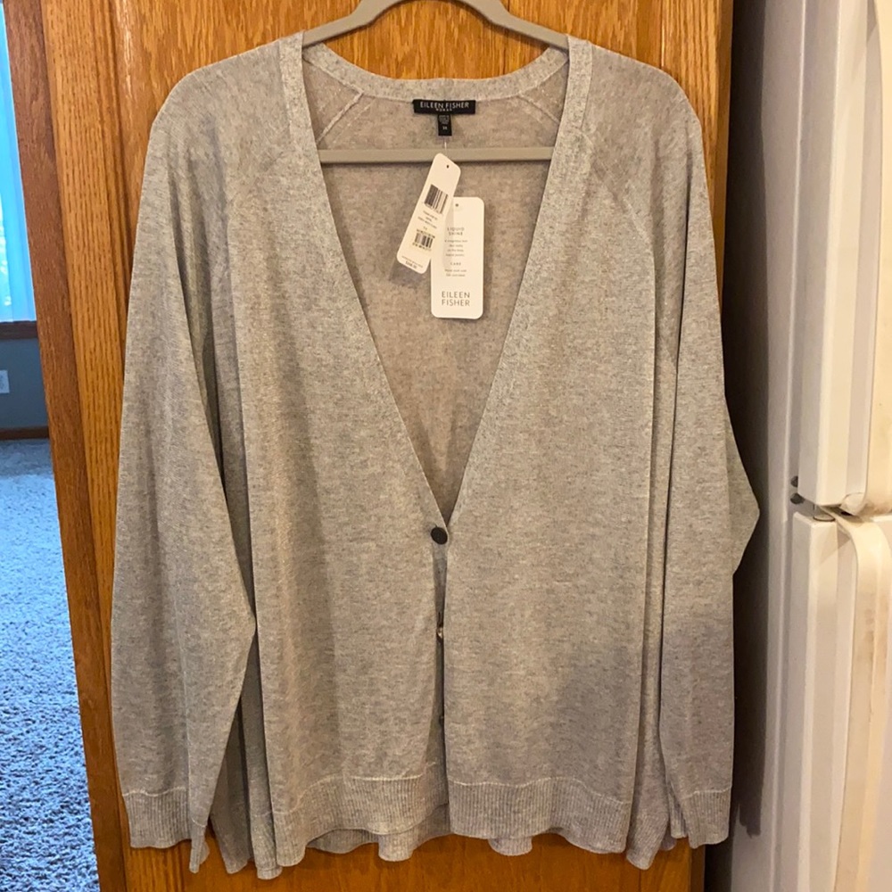 Eileen Fisher 3X Silver lightweight cardigan. NWT